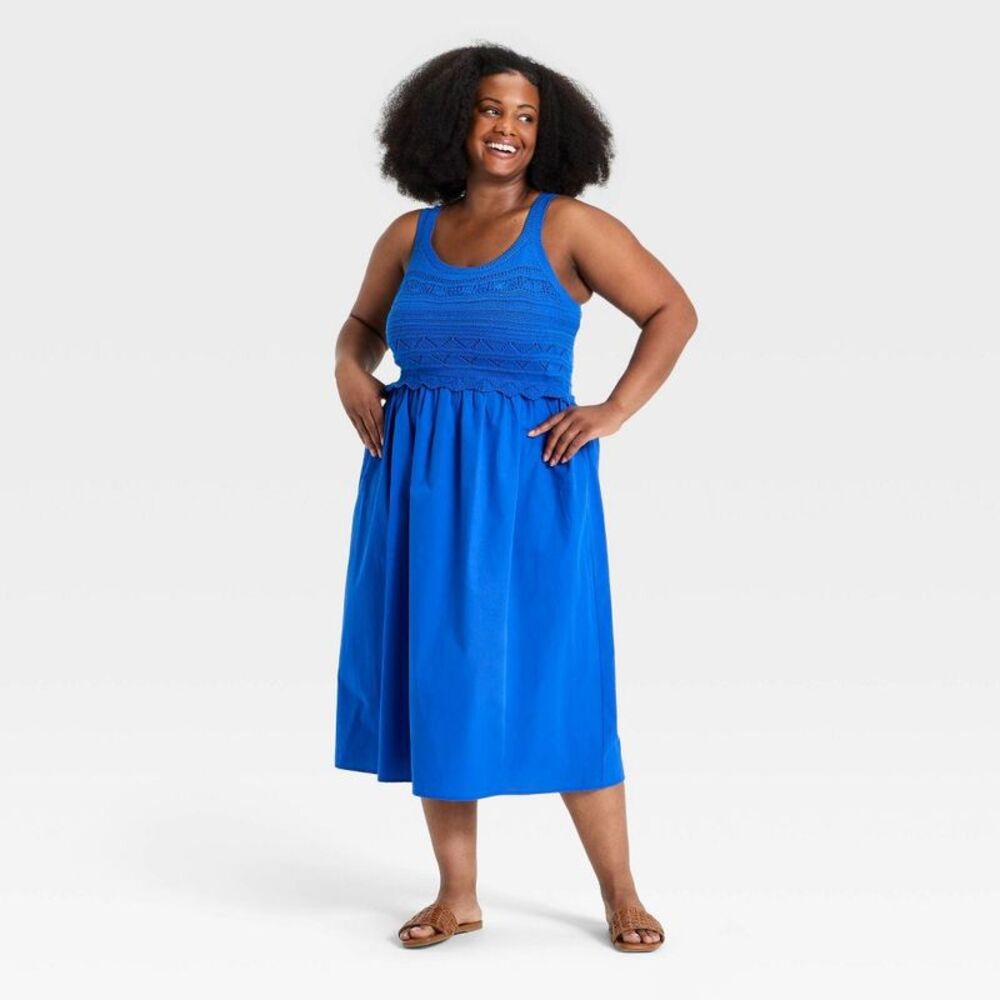Ava & Viv - Women's Openwork Mix Media Midi Sweater Dress - Av Blue - Picture 3 of 3